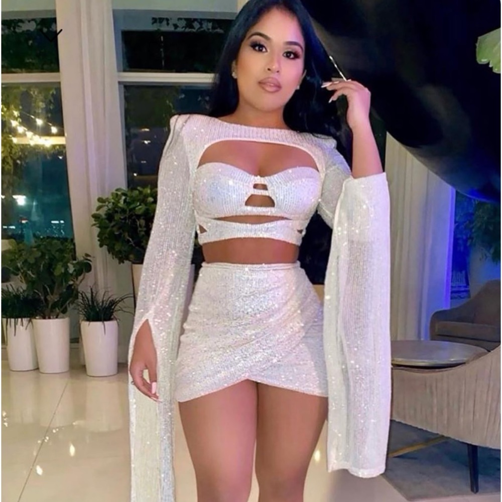 COPY - That Glimmer Glow Sequin Skirt Set - White/Pink